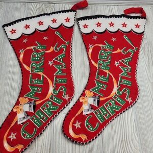 2 Christmas Stockings Red Santa Tree Merry Christmas Bells Handmade Fabric Vtg